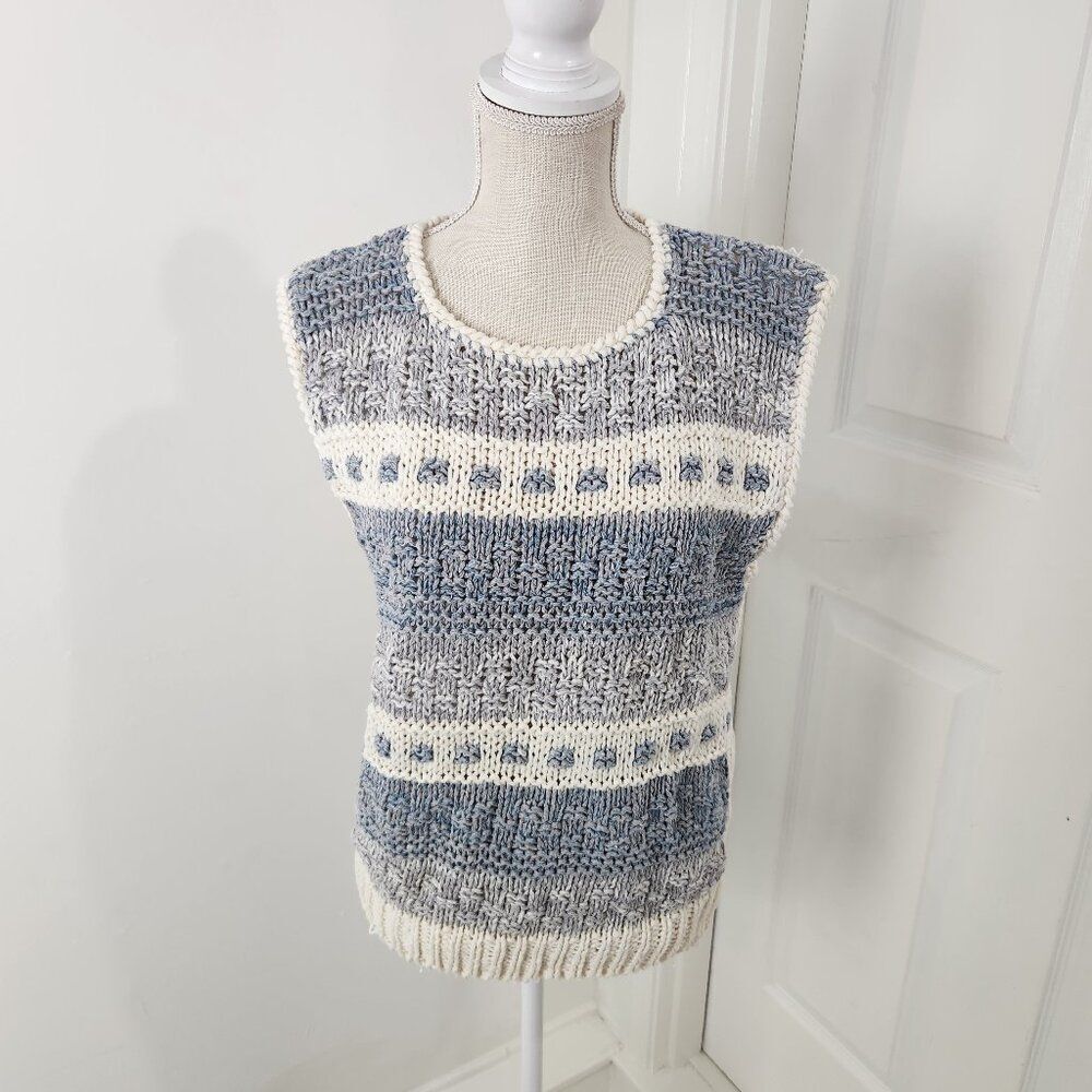 Vintage Sweater Vest Womens L Blue Hand Knit Cottagecore Country 90s Coastal